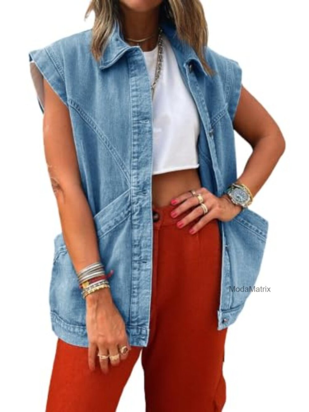Oversized Denim Vest Sleeveless Button Down Jean Waistcoat